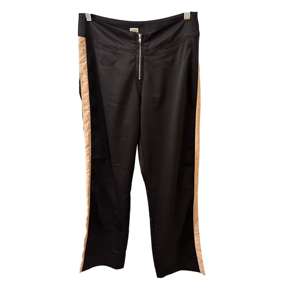Lucy Brand Zipper Front Striped Leg Jogger Black Beige, size S
